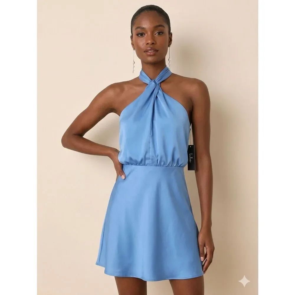 Lulus Remarkable Moment Blue Satin Halter Mini Dress XS NWT